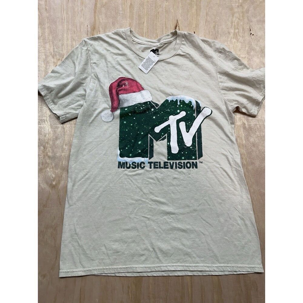 MTV, Men's Christmas Santa Hat Graphic T-Shirt, Music Logo, Size Small